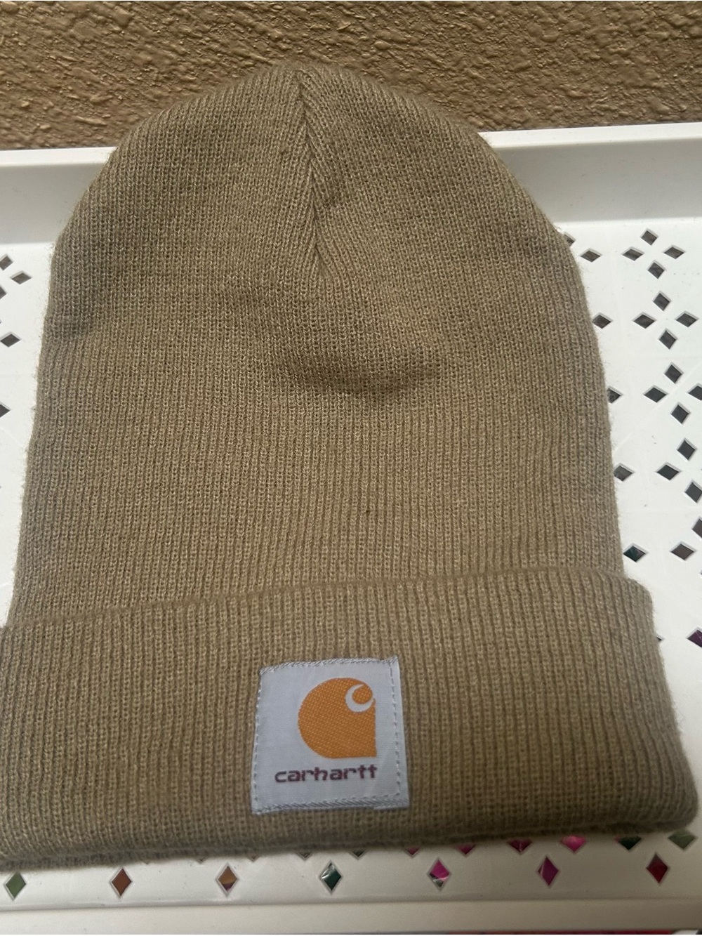 Carhartt Tan Rib Knit Cuff Beanie with Logo Patch